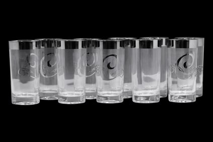 Set of 8 Silver Rim Monogram C Highball Glasses, in the Style of Dorothy Thorpe