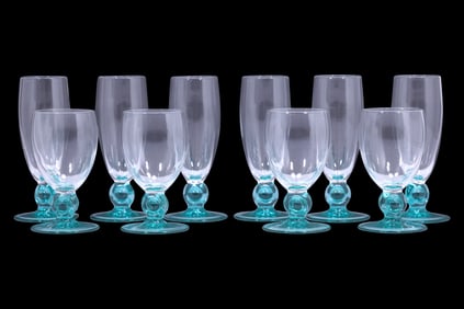 Set of Ten Vintage Aqua Green Stemmed Glasses Attributed to Luminarc