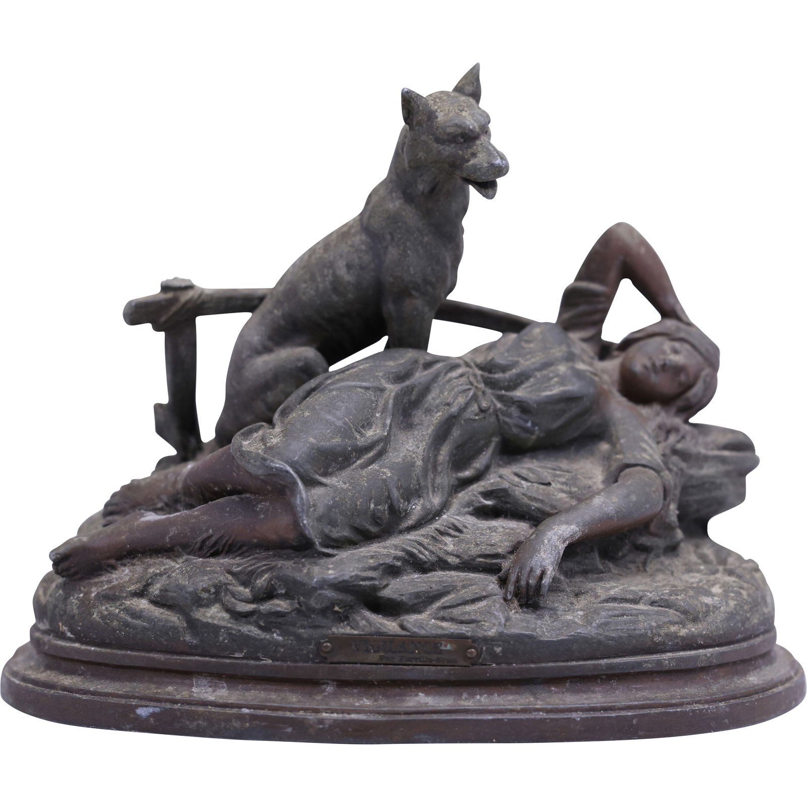 Antique Figural Sculpture Vigilance by Ferville-Suan: Antique bronze or other alloy metal sculpture titled Vigilance by French sculptor Ferville-Suan, depicting a reclining woman resting on the ground beside a loyal dog standing guard. The piece is mount