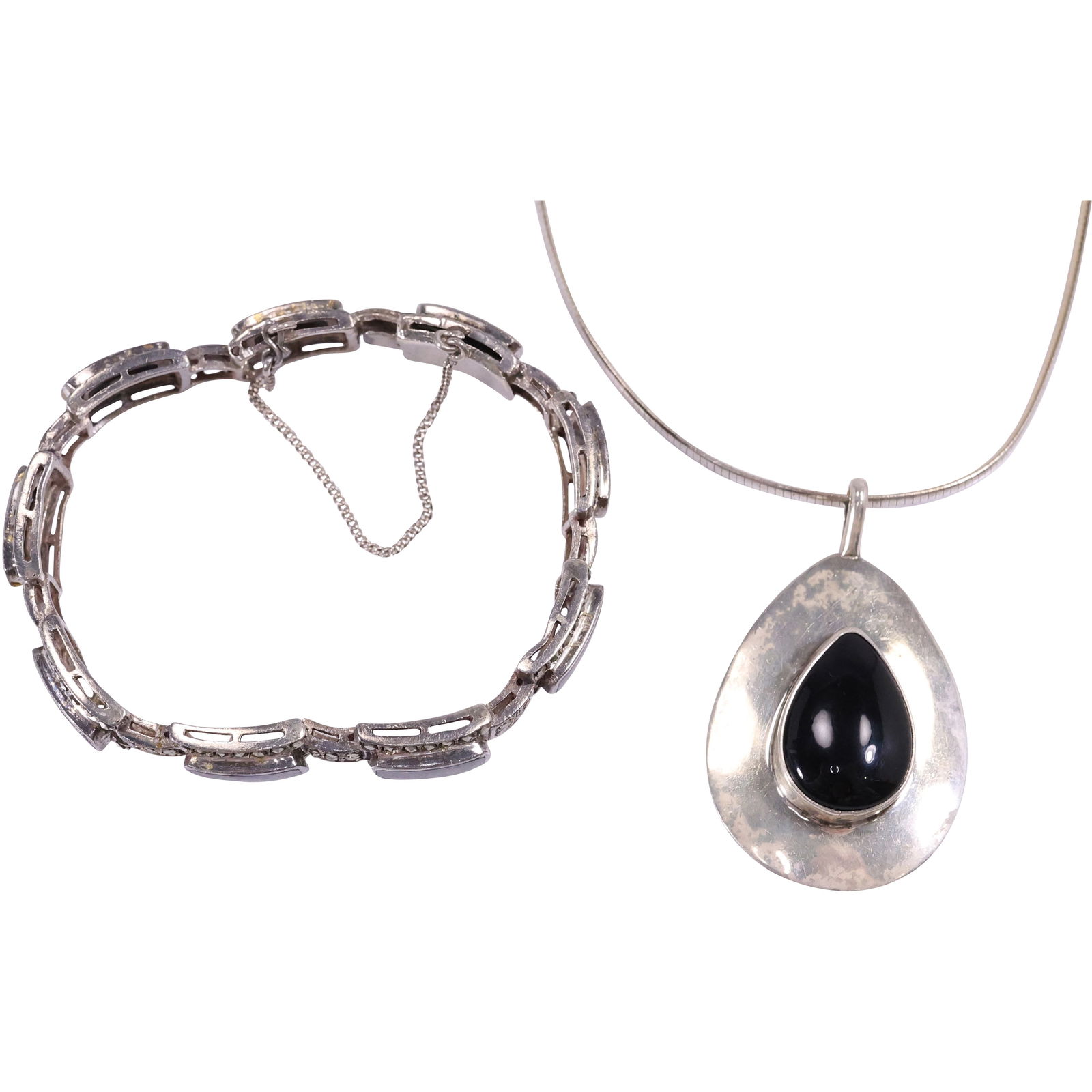 .925 Sterling Marcasite and Black Onyx 9 Rectangle Panel Bracelet 7 1/2 in. x 1/2 in.; .925 Sterling (1 of 10)