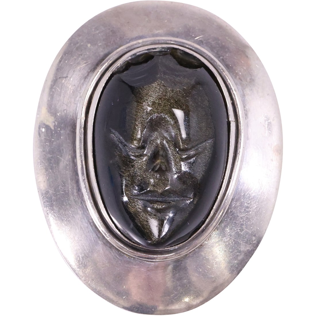 Talieres Deios Bailesverds Taxco GRD .925 Sterling Mexico Large Oval Oin with Gold Dust, Mayan: Talieres Deios Bailesverds Taxco GRD .925 Sterling Mexico Large Oval Oin with Gold Dust, Mayan Face 2 1/2 in. x 2 in.