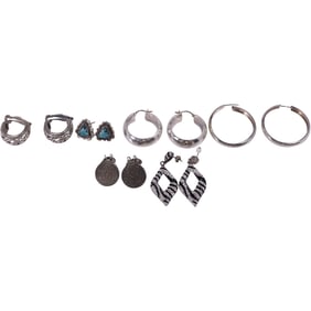 6 Pairs Assorted Sterling Silver Earrings, 5 Pierced, 1 Clip-on - Nice Variety - See Pictures