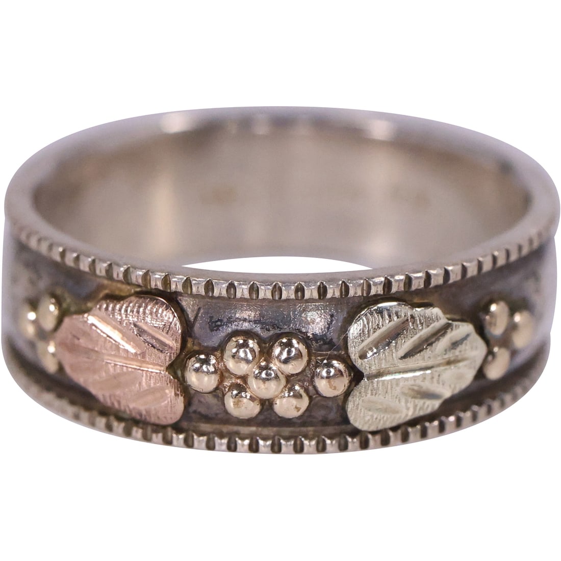 Sterling Silver and 10K Gold Tri-Color Leaves Design Band Ring Size 7.5 , 3/4 in. x 1/4 in. (1 of 13)