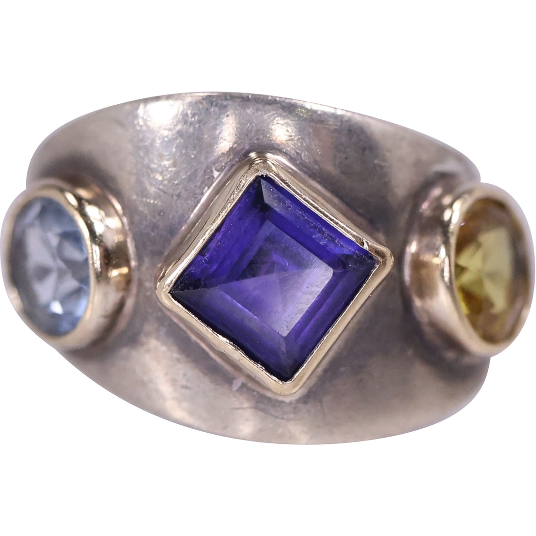 .925 Sterling and 10K Gold Blue Topaz, Purple and Yellow Sapphire Ring Size 5.25 , 7/8 in. x 5/8 (1 of 15)