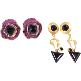 Gale Rothstein II Gold Tone with Black Onyx MCM Drop Pierced Earrings 3 3/4 in. x 3/4 in.; Kara