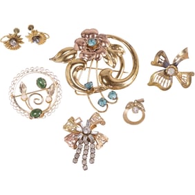 7 Assorted 12K Gold Filled: 1940s Large Pin with Blue Rhinestones 2 3/4 in. dia.; 12K GF DDR 1950s