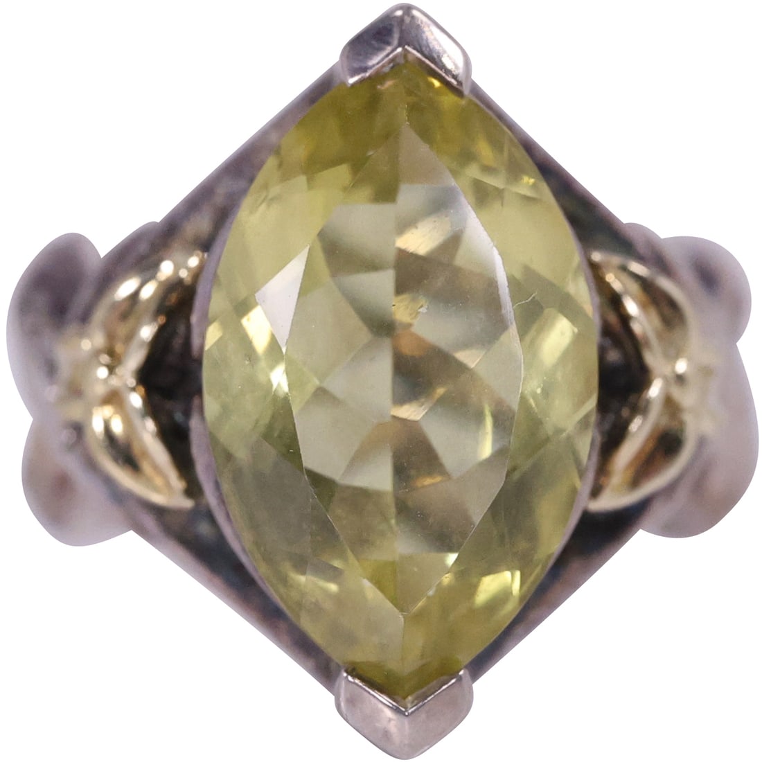 .925 Sterling and 18K Gold Peridot Ring Size 6 , 7/8 in. x 3/4 in.: .925 Sterling and 18K Gold Peridot Ring Size 6 , 7/8 in. x 3/4 in.