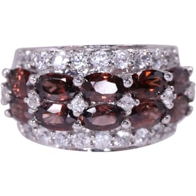 .925 Sterling Silver Red Stones Tourmoline and White Topaz Band Ring Size 5 , 7/8 in. x 1/2 in.