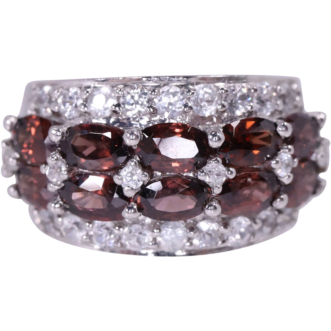 .925 Sterling Silver Red Stones Tourmoline and White Topaz Band Ring Size 5 , 7/8 in. x 1/2 in. (1 of 16)