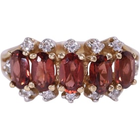 F I J 10K Gold with 5 Garnets, 12 CZ Stones Surrounding Ring Size 8 , 3.4 in. x 3/8 in.
