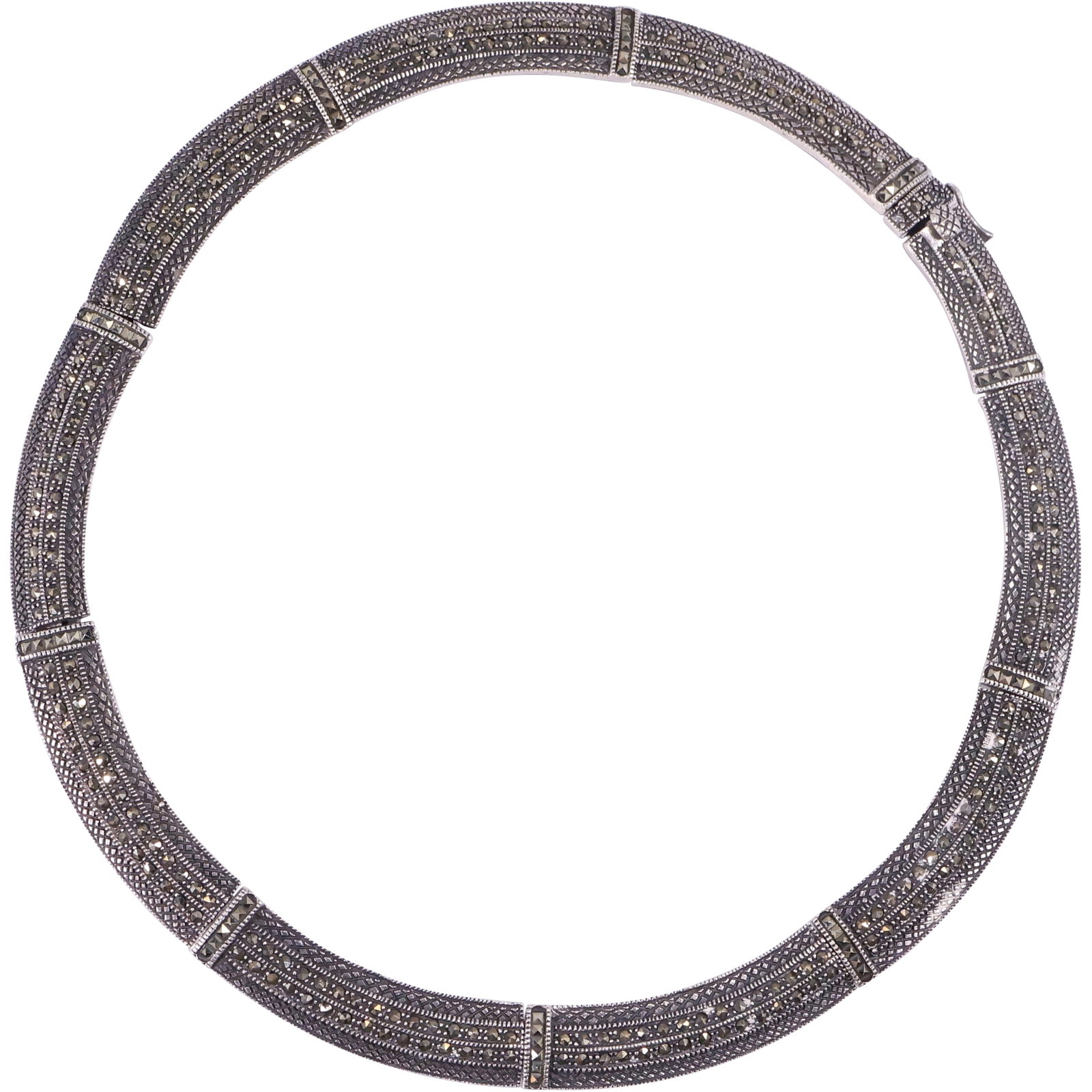 58.5 Grams .925 Sterling Silver with Marcasites Hard Collar Art Deco Necklace, 5 3/4 in. x 3/8 in.: 58.5 Grams .925 Sterling Silver with Marcasites Hard Collar Art Deco Necklace, 5 3/4 in. x 3/8 in.