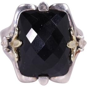 18K Gold and .925 Sterling Silver Faceted Black Onyx and 2 White Sapphires Ring Size 6
