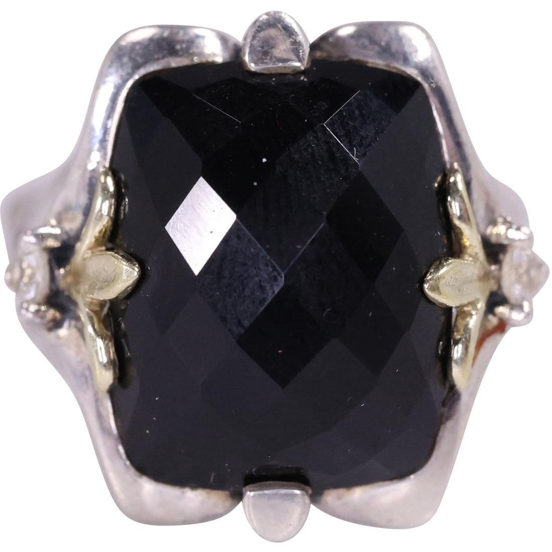 18K Gold and .925 Sterling Silver Faceted Black Onyx and 2 White Sapphires Ring Size 6 (1 of 18)