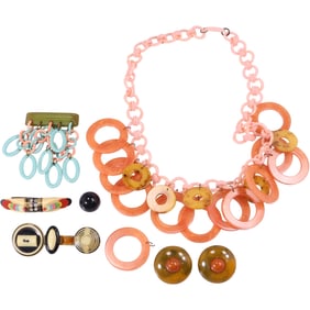 Bakelite Clip-on Earrings 1 1/4 in. dia.; Bakelite and Plastic Pin 1 7/8 in. x 2 3/4 in.; Button Pin