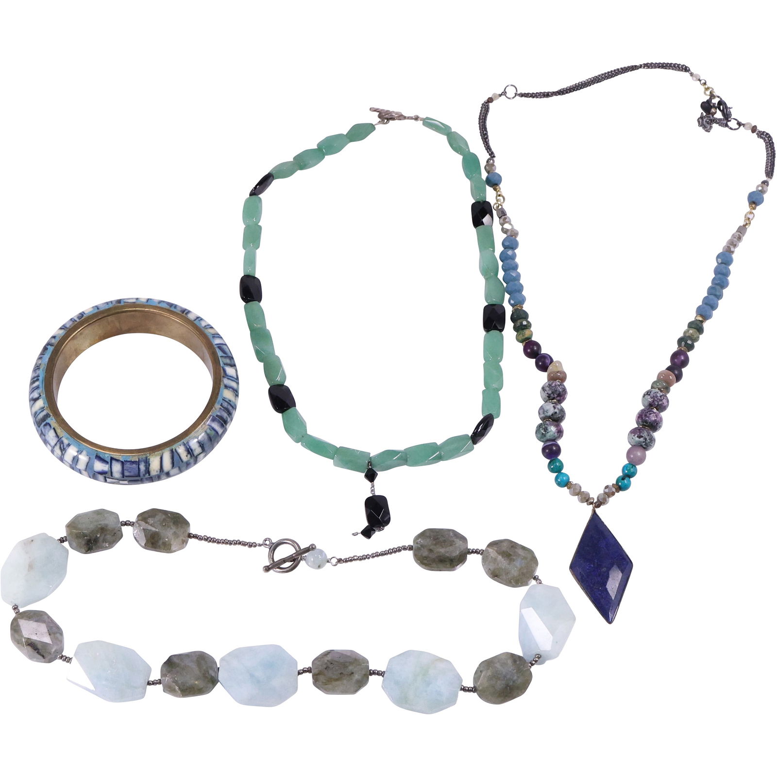 Amethyst Necklace 20 in. x 1/2 in.; Jade Black Onyx Necklace .925 Sterling Toggle 19 in. x 1/4 in.;: Amethyst Necklace 20 in. x 1/2 in.; Jade Black Onyx Necklace .925 Sterling Toggle 19 in. x 1/4 in.; Bangle 3 1/2 in. x 3/4 in.; Jade Onyx Necklace .925 Toggle 20 in.