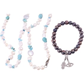 [2] .925 Sterling Clasp Freshwater Cultured Pearls Spaced With Turquoise Stones Necklace 40 in.