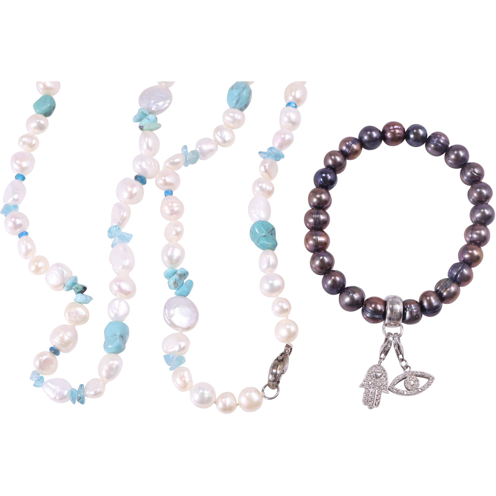 [2] .925 Sterling Clasp Freshwater Cultured Pearls Spaced With Turquoise Stones Necklace 40 in.: [2] .925 Sterling Clasp Freshwater Cultured Pearls Spaced With Turquoise Stones Necklace 40 in. x 1/2 in.; .925 Sterling Charm Freshwater Cultured Tahitian Pearls Bracelet 2 3/4 in. x 1/2 in.