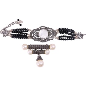 Art Deco Bracelet .925 Sterling Silver with MOP Center Stone Surrounded By Marcasites, 6 Strands