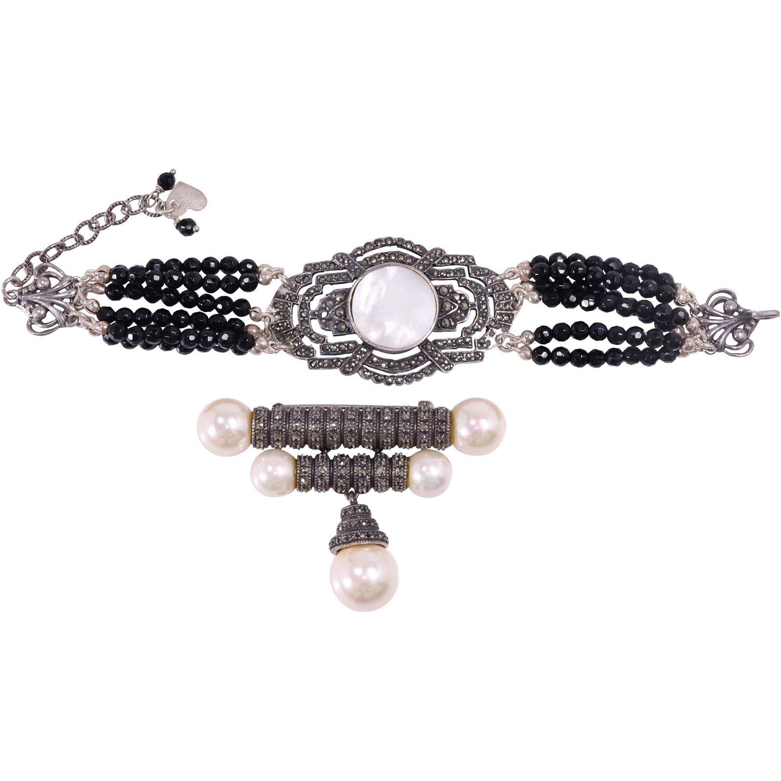 Art Deco Bracelet .925 Sterling Silver with MOP Center Stone Surrounded By Marcasites, 6 Strands: Art Deco Bracelet .925 Sterling Silver with MOP Center Stone Surrounded By Marcasites, 6 Strands of Black Onyx Beads ion Each Side 8 1/2 in. x 1 1/4 in. ; .925 Sterling JJ Faux Pearls with Marcasites 