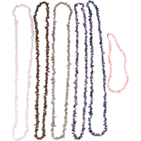 5 Assorted Stone Necklaces: Coral 16 in. x 3/8 in.; Rose Quartz 36 in. x 1/2 in.; Grey Amethyst