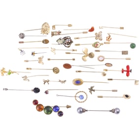 Estate Grouping of 37 Assorted Vintage Stick Pins - Nice Variety - See Pictures