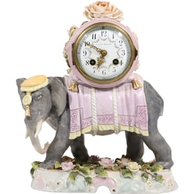 Stunning 19th C. Antique Hand Painted French Porcelain ELEPHANT FIGURAL MANTLE CLOCK