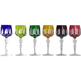 Set of 6 Natchmann Antika Hand Cut Crystal Color Cut to Clear Wine Hock Glasses Assorted Colors