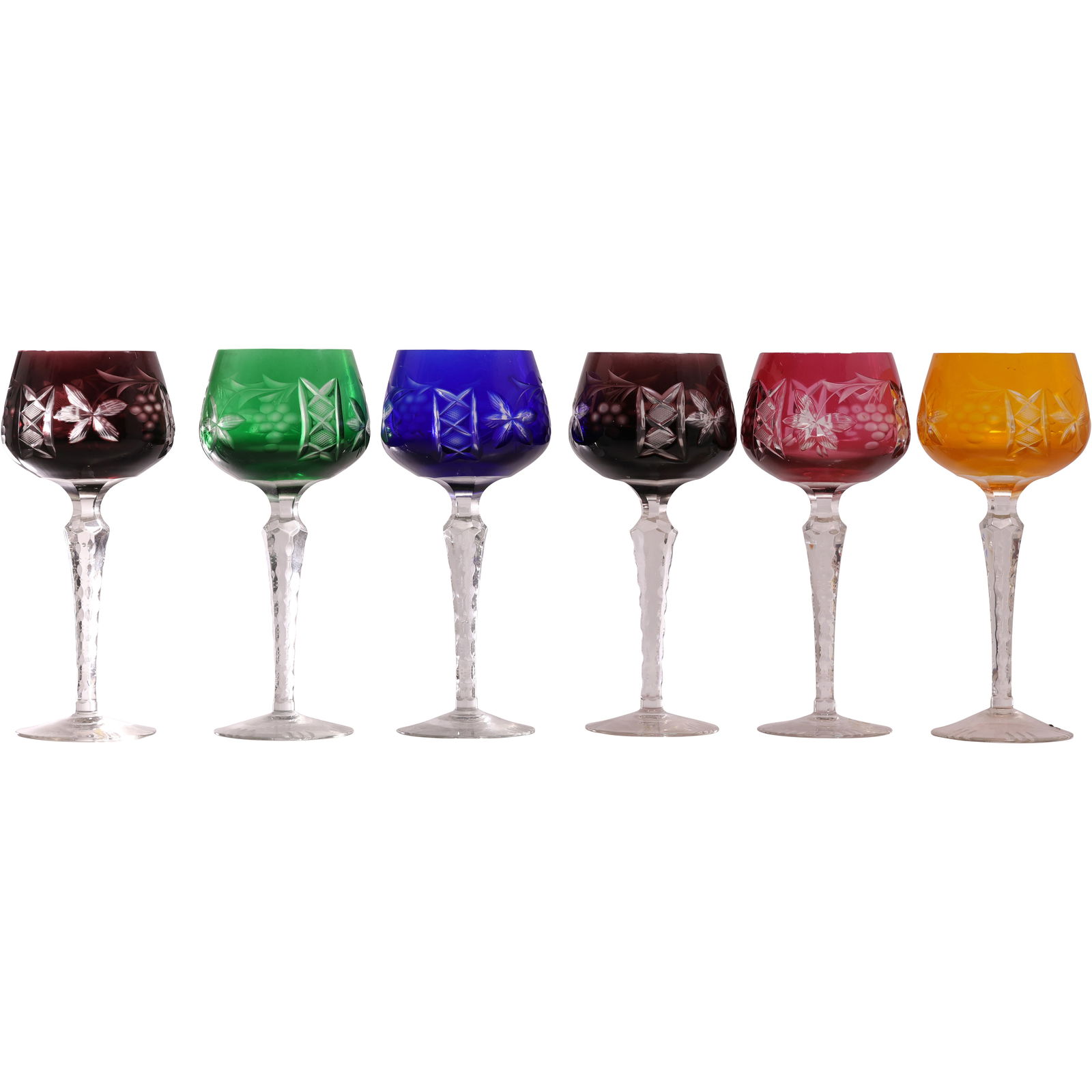 Set 6 Vintage Lausitzer Cut to Clear Assorted Colors Hock Wine Glasses: Set 6 Vintage Lausitzer Cut to Clear Assorted Colors Hock Wine Glasses. size: 8h 2.75w S:C