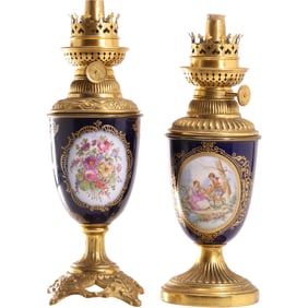 Pair 19th C. Antique French Sèvres-style Porcelain Oil Lamps, mounted in gilt bronze, 10 in. height