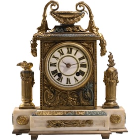 Superb Quality 19th C. Antique French gilt bronze mantel clock on marble Base 12 in. height x 10 in.