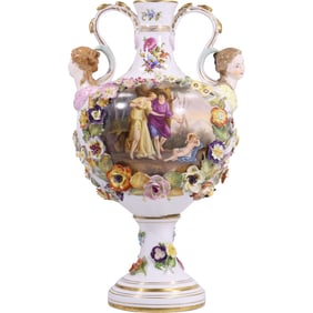 Antique SP Dresden Porcelain Pedestal Vase Ladies Heads on Sides, Applied Flowers, Scenic Panel