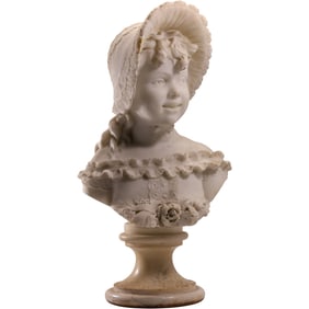 19th C. Carved Marble Bust Sculpture of a Young Girl Wearing a Bonnet Hat 22 inches height
