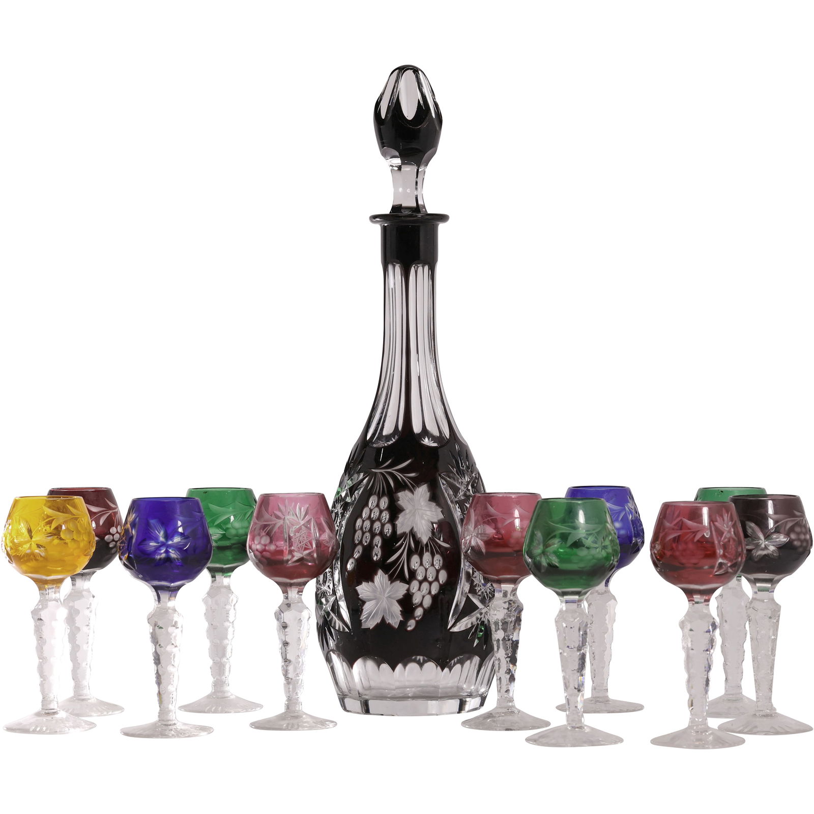 Bohemian Ruby Cut to Clear Decanter with 11 Multi Colors Cut Crystal Stemmed Cordials (1 of 17)