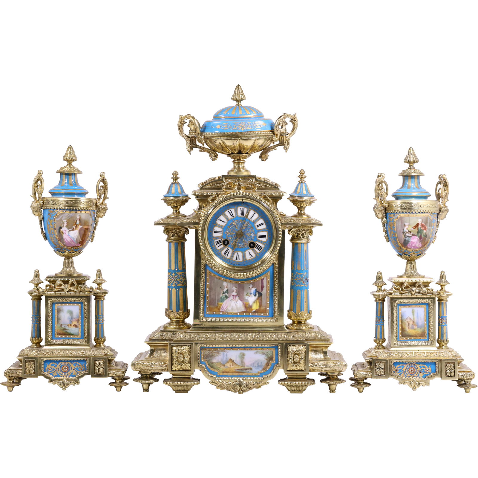 IMPORTANT 3-Pc. 19th C. SERVES AND BRONZE Elaborate Cock and Garniture Set (1 of 19)