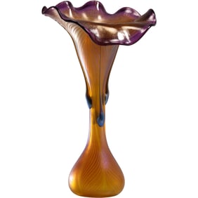 Quality Art Nouveau Pulled Feather Iridescent Art Glass Vase 13.5 inches height x 8 in. wide