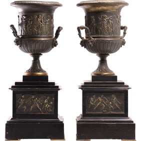 Pair of 19th C. antique Grand Tour Bronze Medici-style Urns 15 inches height, Good Patina