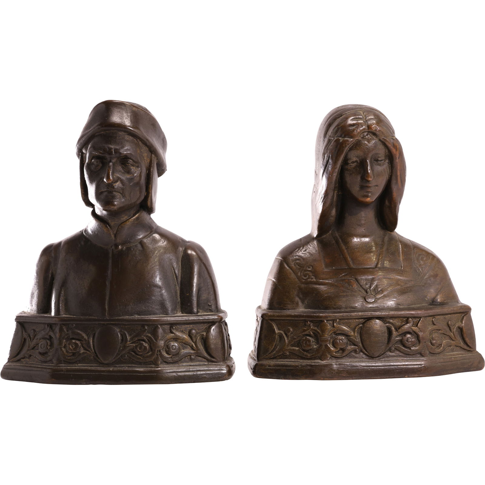 Dante and Beatrice Figural Bookends Circa 1920s Bronze Clad 7 in. height x 6 in. wide: Dante and Beatrice Figural Bookends Circa 1920s Bronze Clad 7 in. height x 6 in. wide. size: 7h 6w S:C