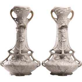 pair of Art Nouveau vases manufactured by Royal Dux, 17 inches height x 9.5 in. wide