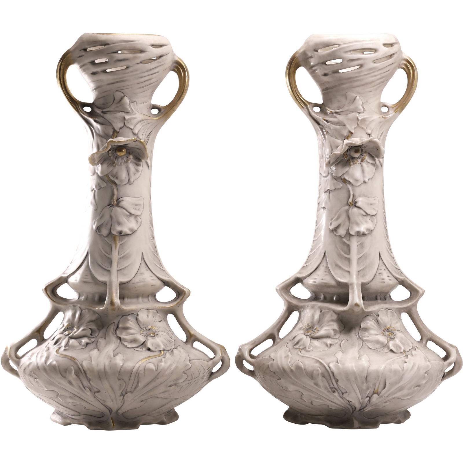pair of Art Nouveau vases manufactured by Royal Dux, 17 inches height x 9.5 in. wide: pair of Art Nouveau vases manufactured by Royal Dux, 17 inches height x 9.5 in. wide. size: 17h 9.5w S:C