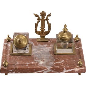 19th C. Napoleon III antique French Rose marble and bronze Desktop Inkwell Stand