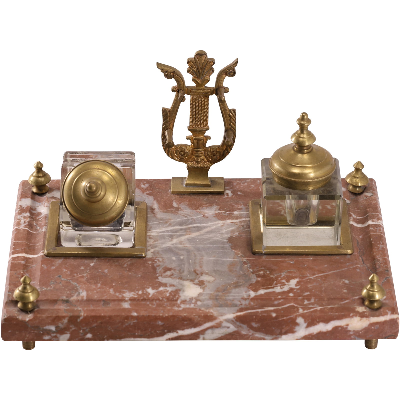 19th C. Napoleon III antique French Rose marble and bronze Desktop Inkwell Stand: 19th C. Napoleon III antique French Rose marble and bronze Desktop Inkwell Stand. size: 5.5h 10.25w S:A