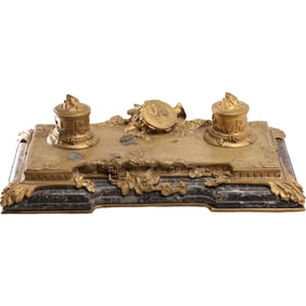 Albert Marionnet (1852-1910), Signed 19th C. French Art Nouveau Bronze and Marble Double Inkwell