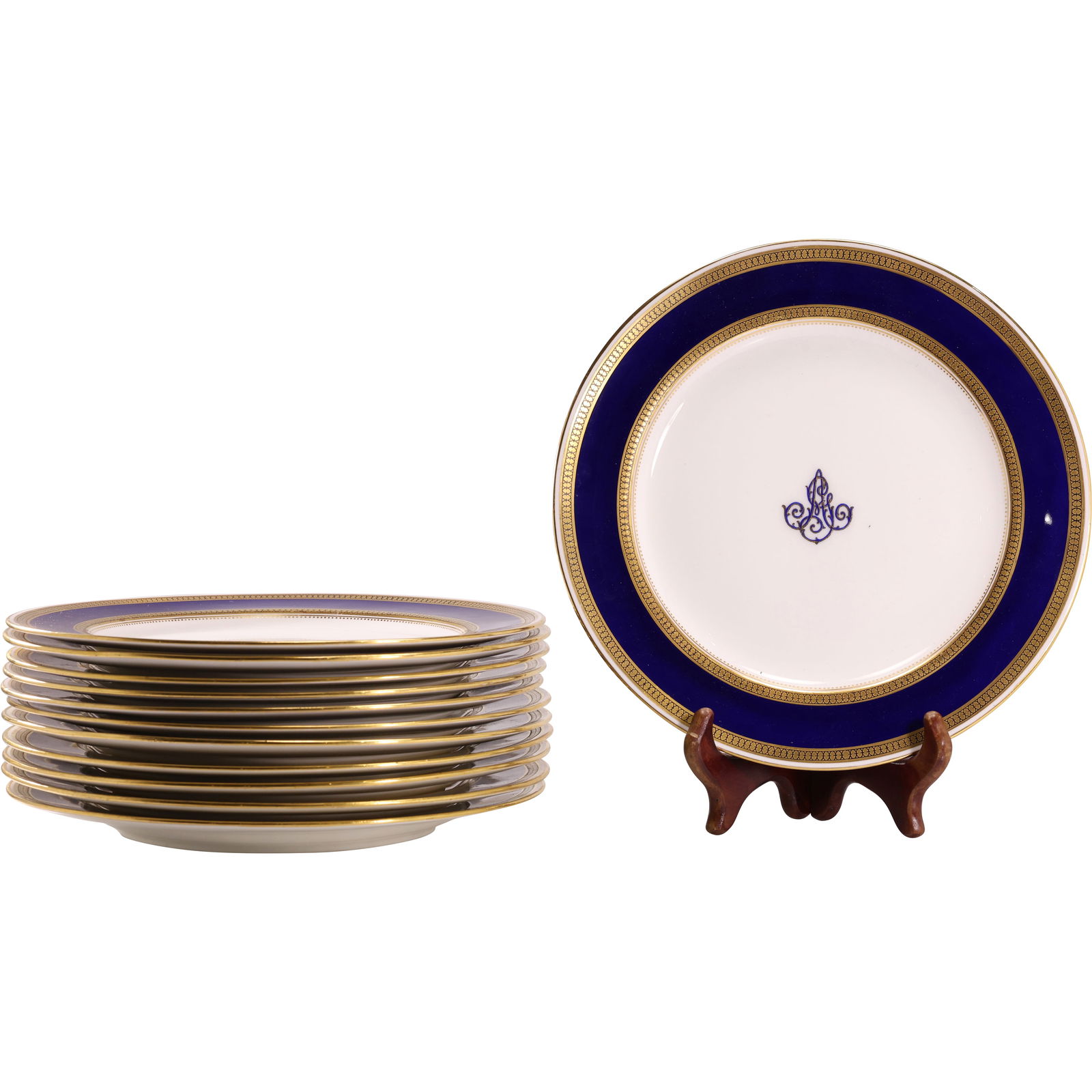 Set of 12 Minton Gold and Cobalt Blue Border Dinner Plates: MINTONS set 12 elegant porcelain dinner plates, wide cobalt blue border and gold detailing 10.25 in. size: 10.25h 10.25w S:A
