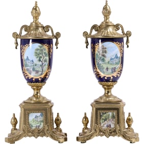 Pair French Style Brass and Cobalt Blue Porcelain Mantle Garnitures 13 in. height x 5.5 in. wide