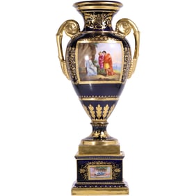 Royal Vienna porcelain urn, cobalt blue, Gold Gilt, Classical Genre Scene 20 inches height