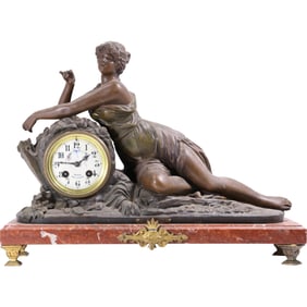 French 19th Spelter Figural Reclining Woman Mantle Cock with Rose Marble 19 inches length