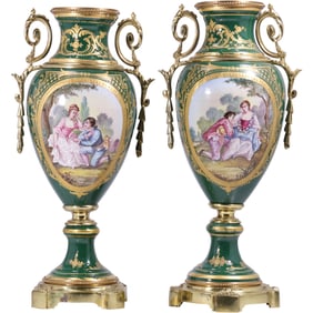 Pair 19th-century French Sèvres-style porcelain vases, mounted on gilt bronze bases, Scenic Panels