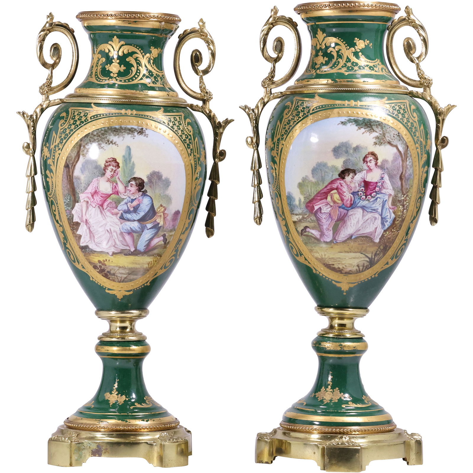 Pair 19th-century French Sèvres-style porcelain vases, mounted on gilt bronze bases, Scenic Panels (1 of 19)