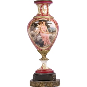 19th C. SERVES French Porcelain Urn 20 inches height, Magenta with Hand Painted Panel of Maiden