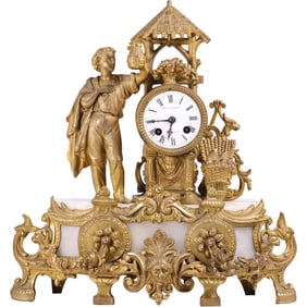 19th C. Rococo-style gilt metal figural mantel clock with inner Onyx Panel 16 in. height x 16 in. w.